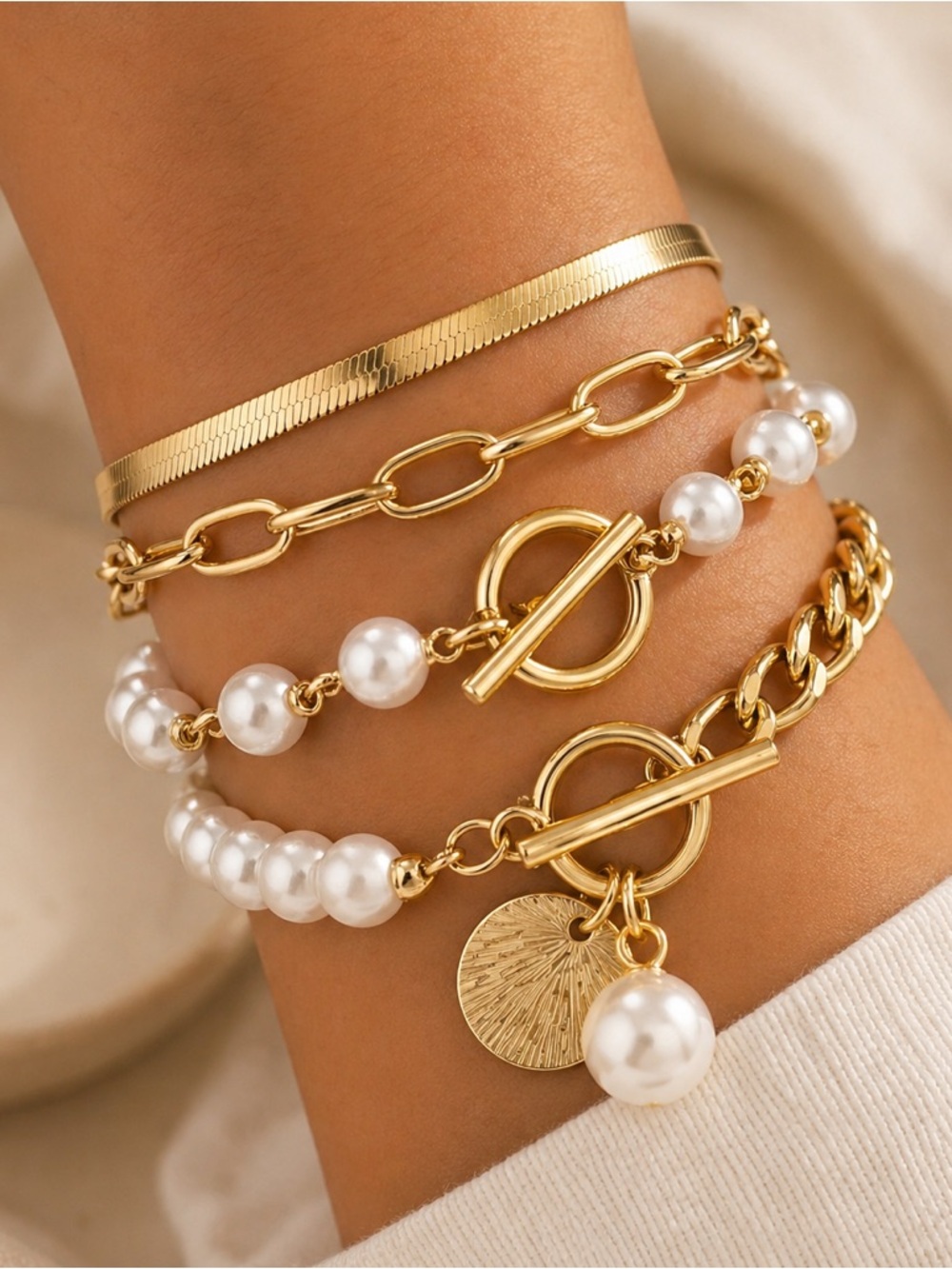 Gold & Pearl Layered Bracelet Set ✨ Luxe Toggle Clasp Stack (4PC)